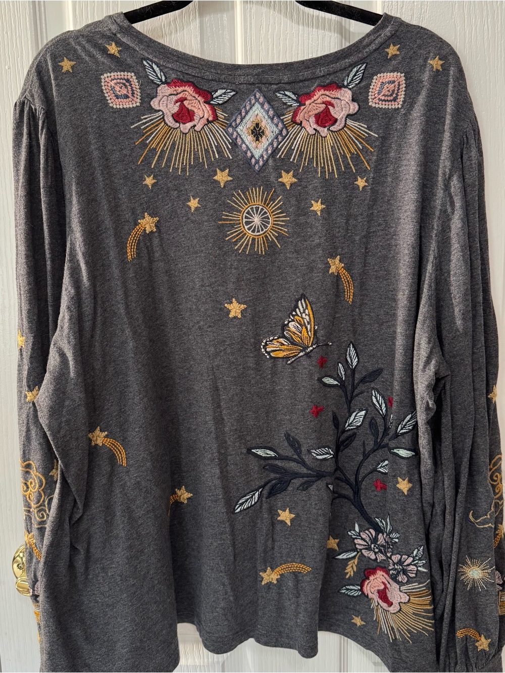Johnny Was Charcoal Embroidered Long-Sleeve Tee with Multicolor Motifs - Picture 2 of 5
